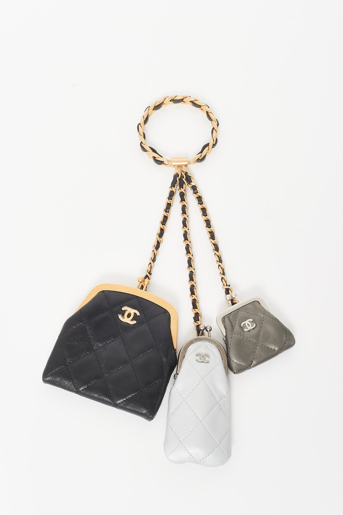 Chanel Black, Gunmetal & Silver Leather 2022 Multi Pouch Bracelet Clutch