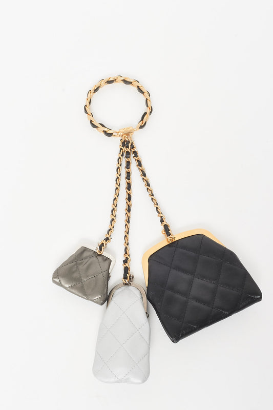 Chanel Black, Gunmetal & Silver Leather 2022 Multi Pouch Bracelet Clutch