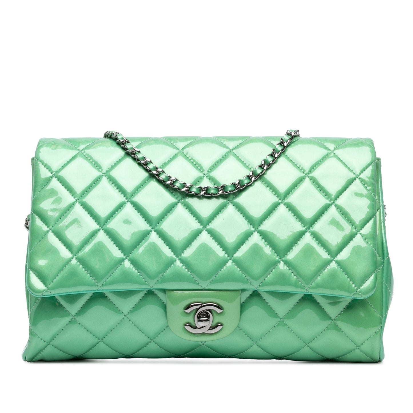Green Chanel CC Quilted Patent Clutch with Chain Shoulder Bag