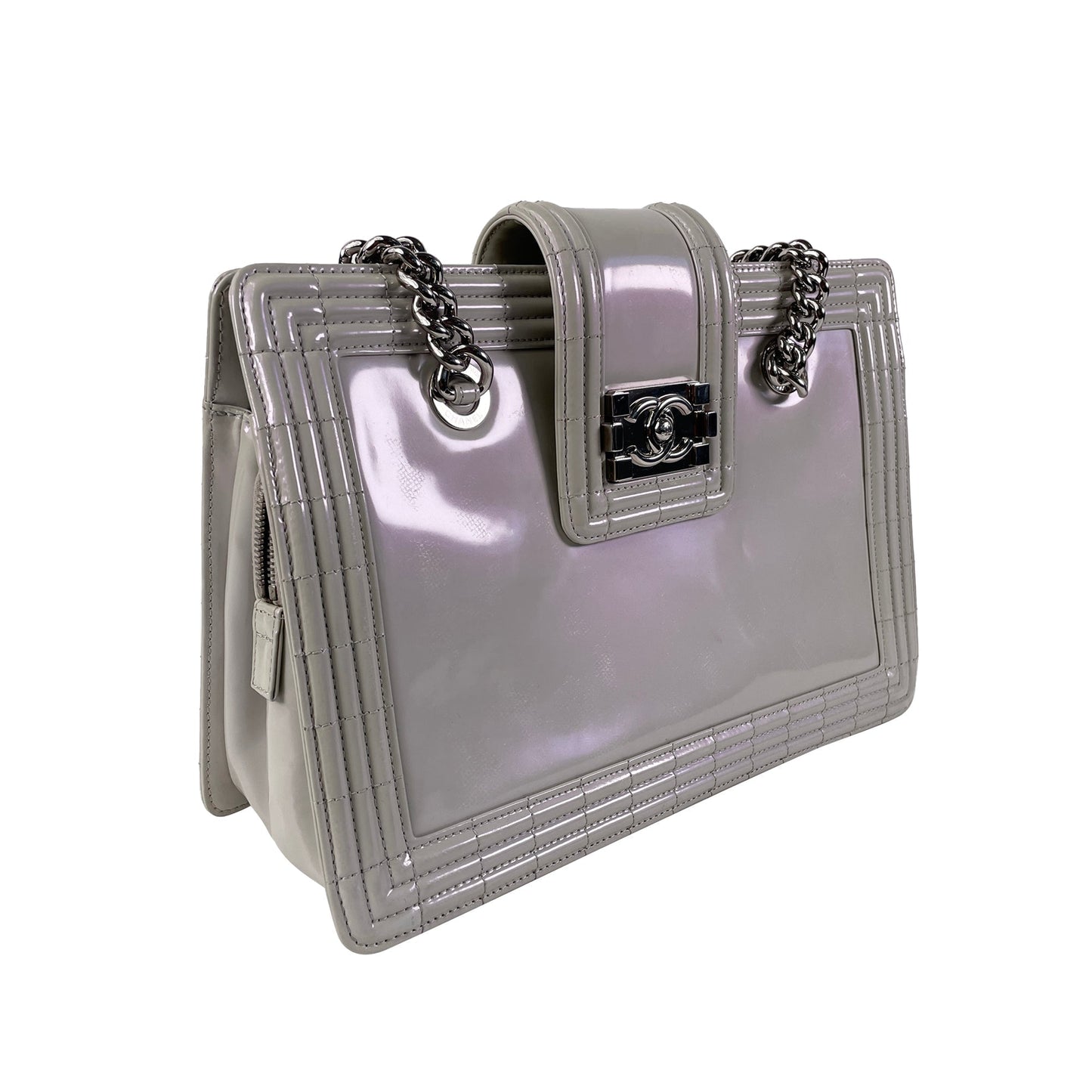 Gray Chanel Iridescent Patent Boy Reverso Shopping Tote