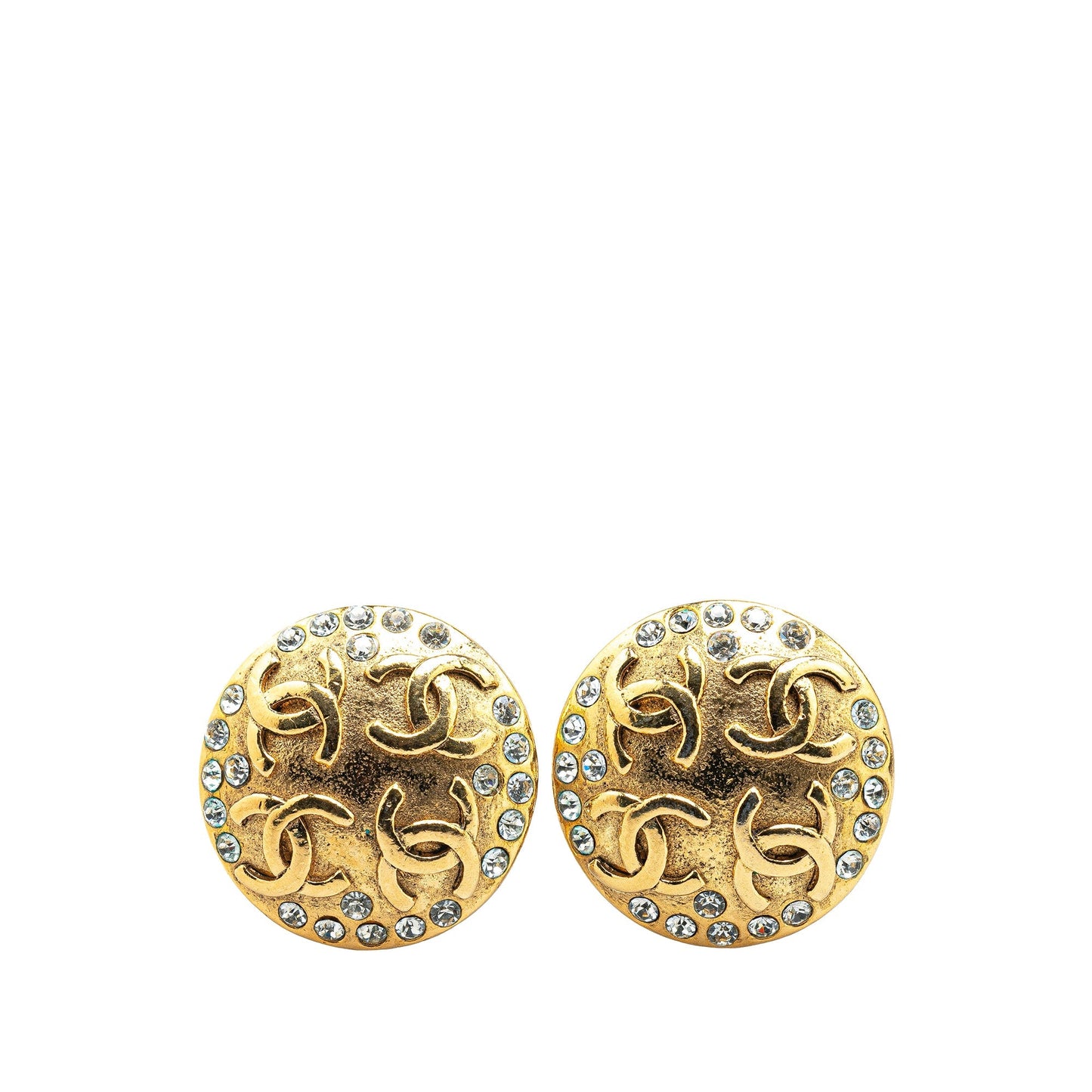 Gold Chanel Gold Plated Rhinestone CC Clip On Earrings