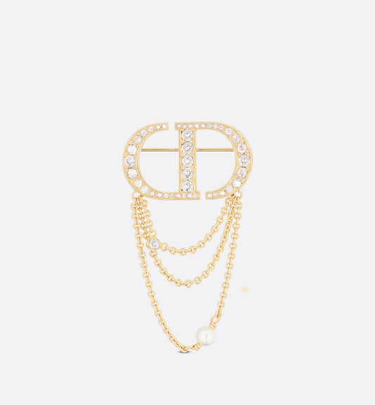 Petit CD Brooch • Gold-Finish Metal with a White Resin Pearl and Silver-Tone Crystals