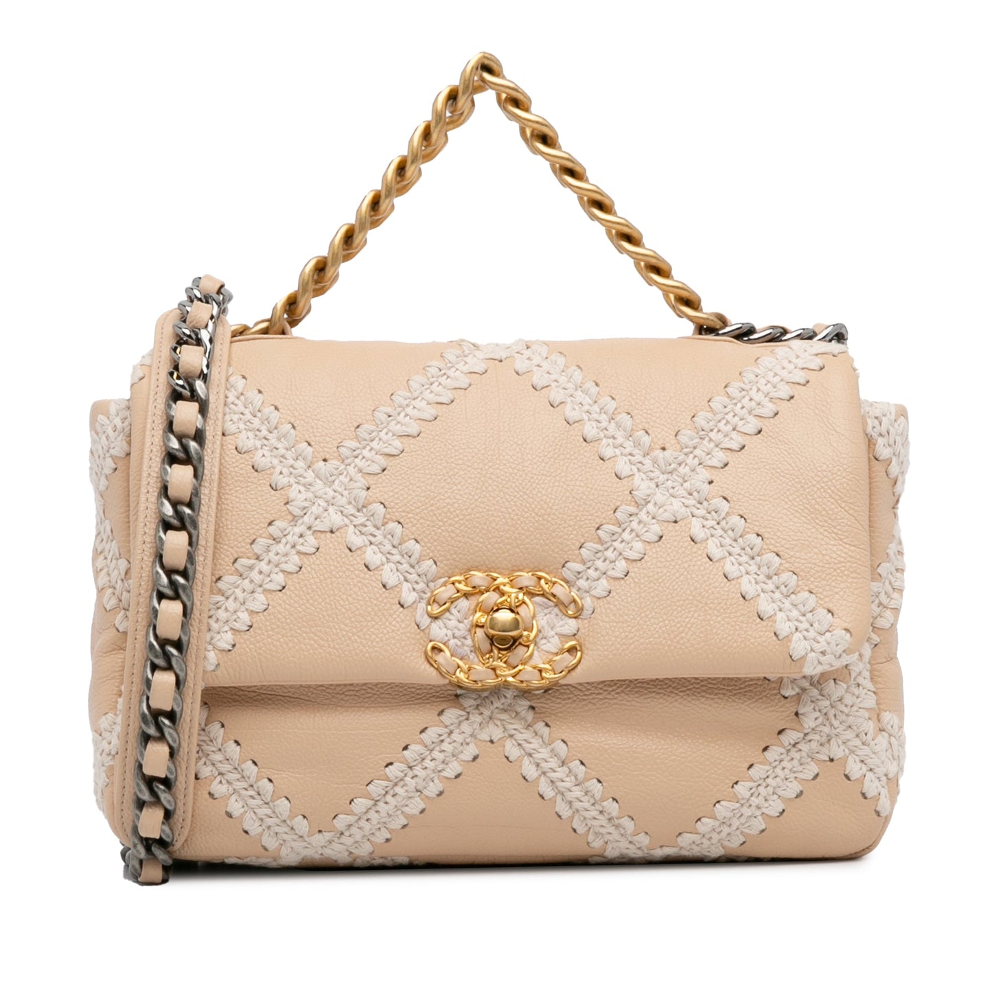 Beige Chanel Medium Crochet and Calfskin 19 Flap Bag Satchel
