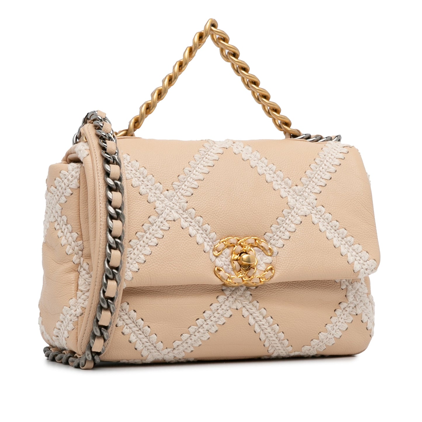 Beige Chanel Medium Crochet and Calfskin 19 Flap Bag Satchel