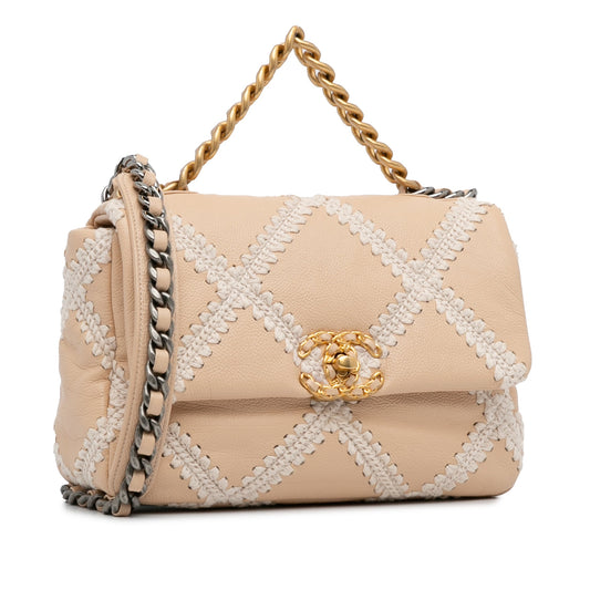 Beige Chanel Medium Crochet and Calfskin 19 Flap Bag Satchel