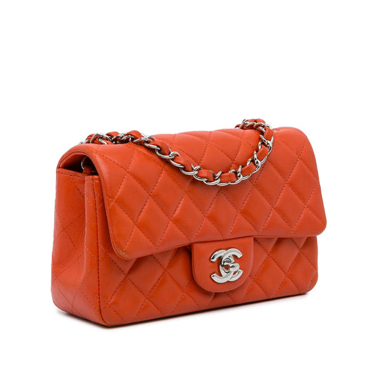 Orange Chanel Mini Rectangular Classic Lambskin Single Flap Crossbody Bag