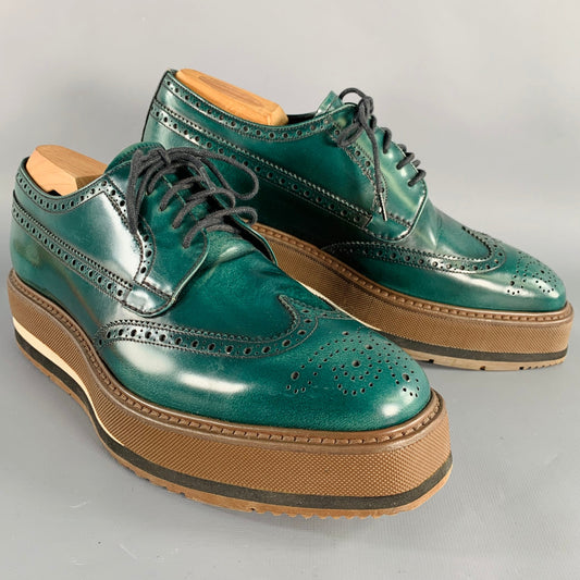 PRADA Size 6.5 Green Brown Wingtip Leather Platform Lace-Up Shoes