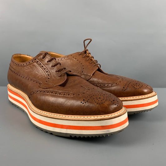 PRADA Size 9.5 Brown Perforated Leather Platform Lace-Up Shoes