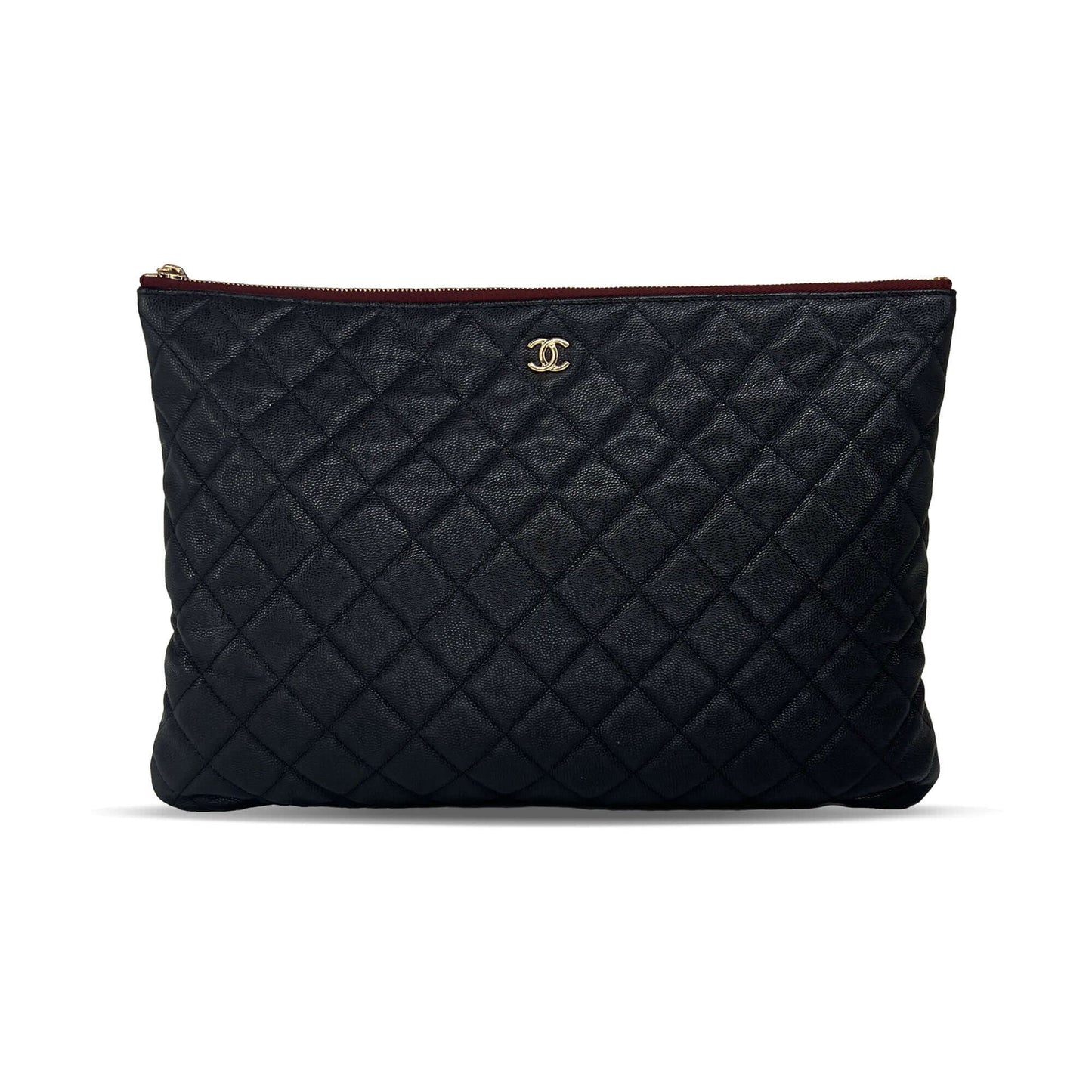 Chanel black quilted caviar leather large o-case zip designer pouch