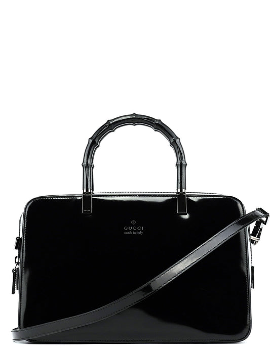 000 0828 Black Leather Bamboo 2-Way Tote Bag