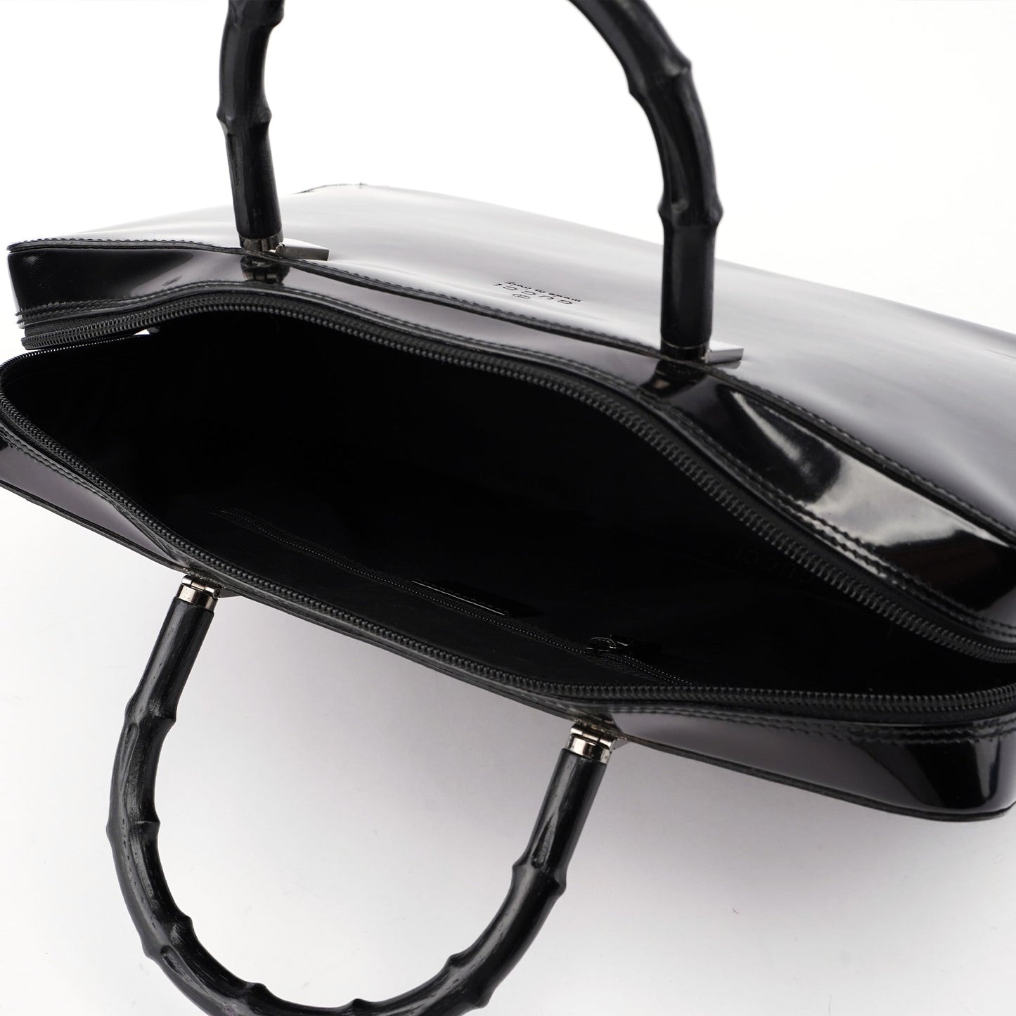 000 0829 Black Patent Leather Bamboo Tote