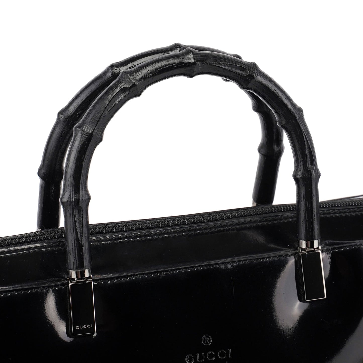 000 0829 Black Patent Leather Bamboo Tote