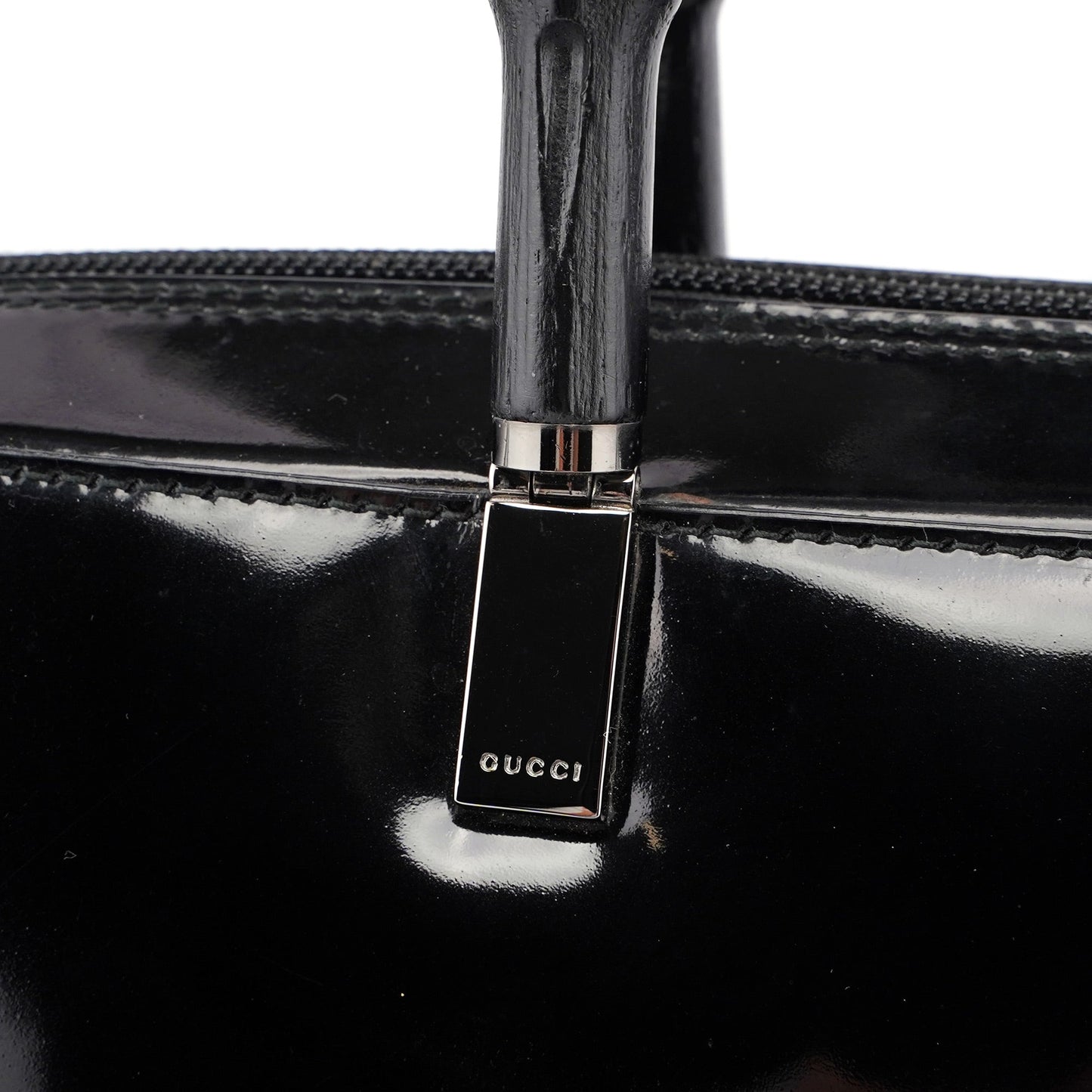000 0829 Black Patent Leather Bamboo Tote