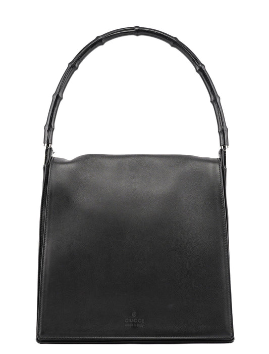 001 3243 Black Calfskin Bamboo Flap Shoulder Bag