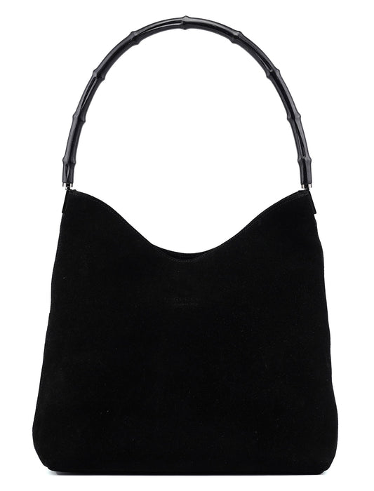 001 3244 Black Suede Bamboo Shoulder Bag
