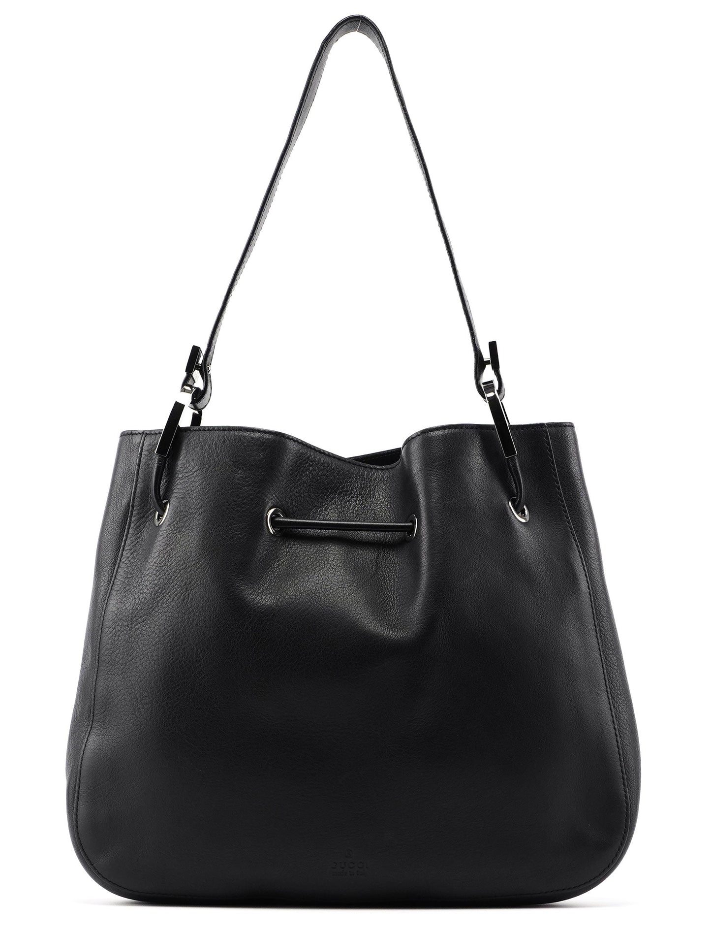 001 3748 Black Calfskin Drawstring Shoulder Bag