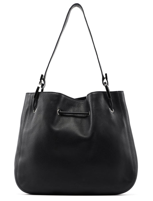 001 3748 Black Calfskin Drawstring Shoulder Bag