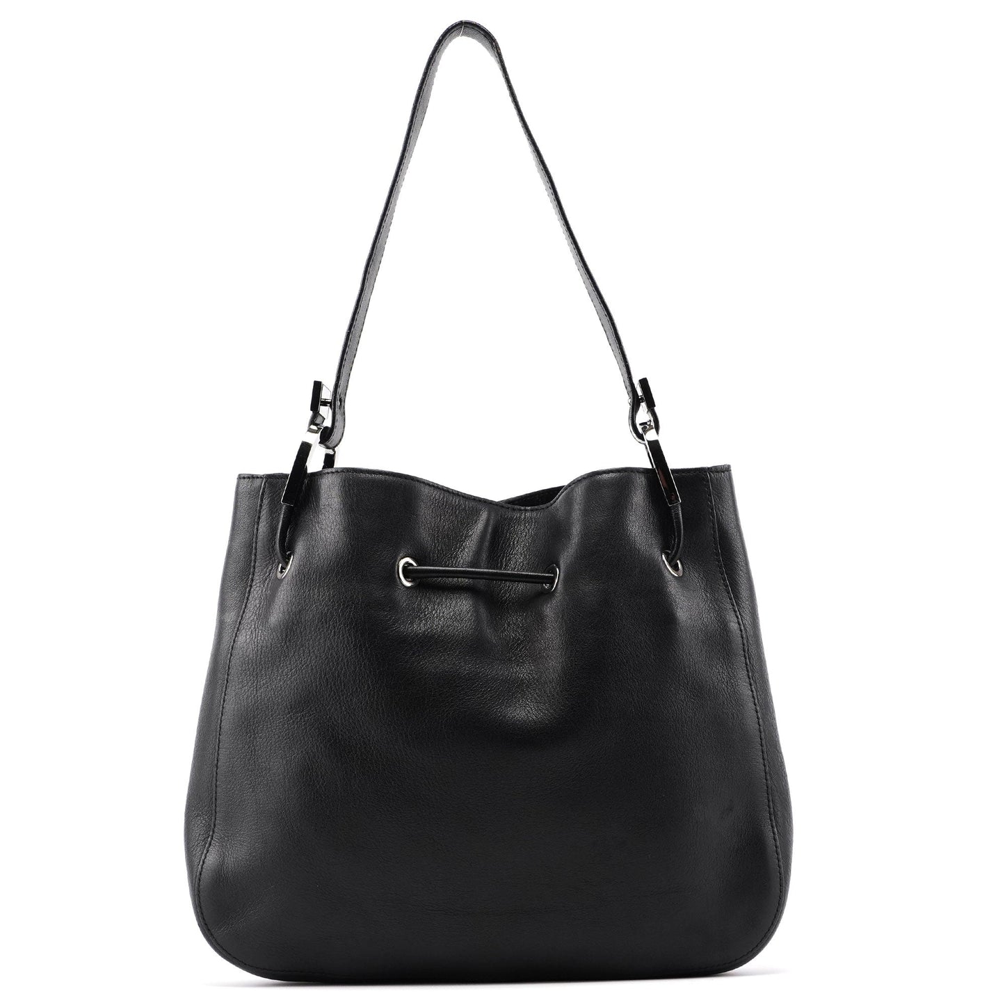 001 3748 Black Calfskin Drawstring Shoulder Bag