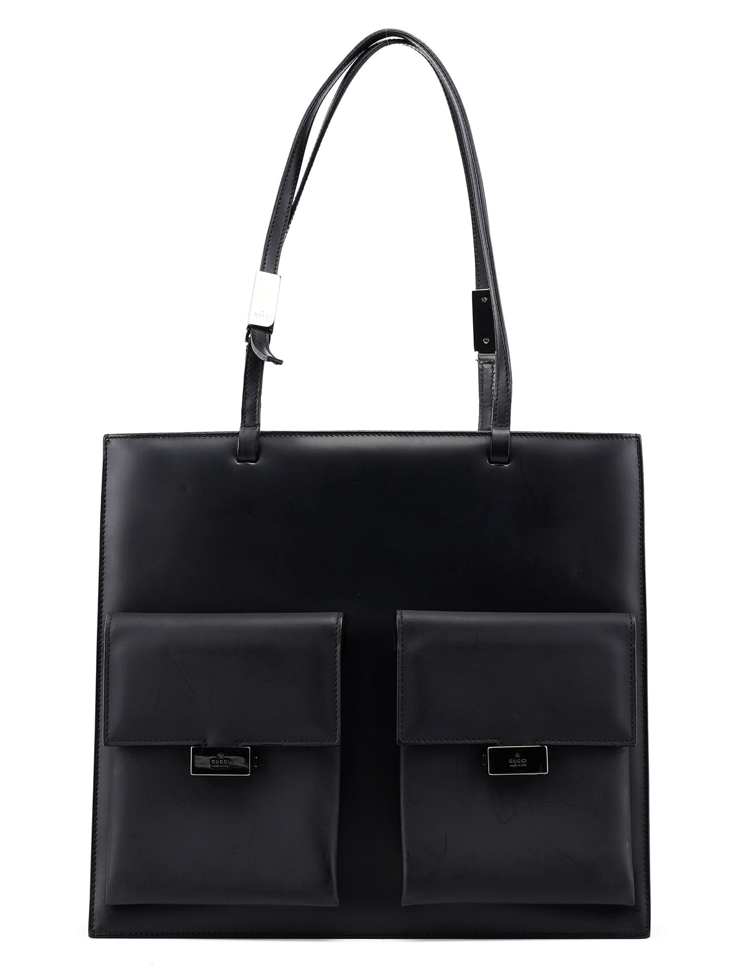 002 1021 Matte Black Leather Dual Pocket Tote Bag