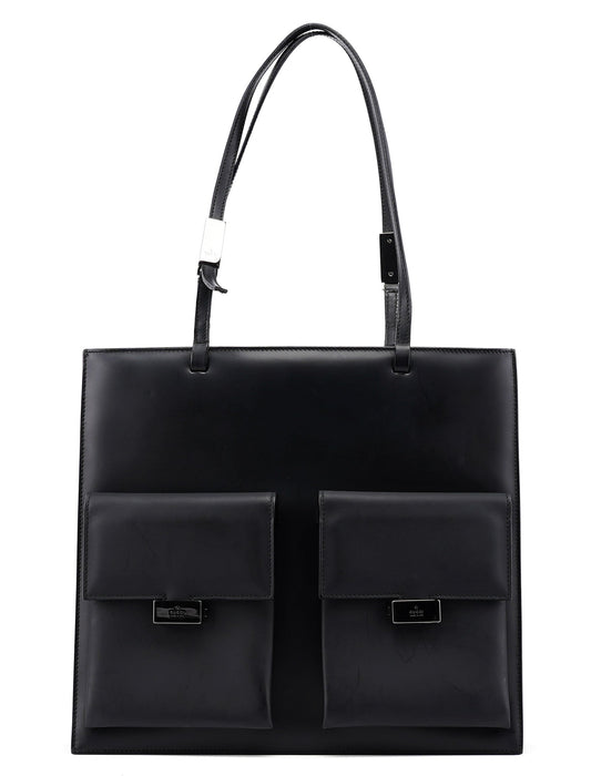 002 1021 Matte Black Leather Dual Pocket Tote Bag