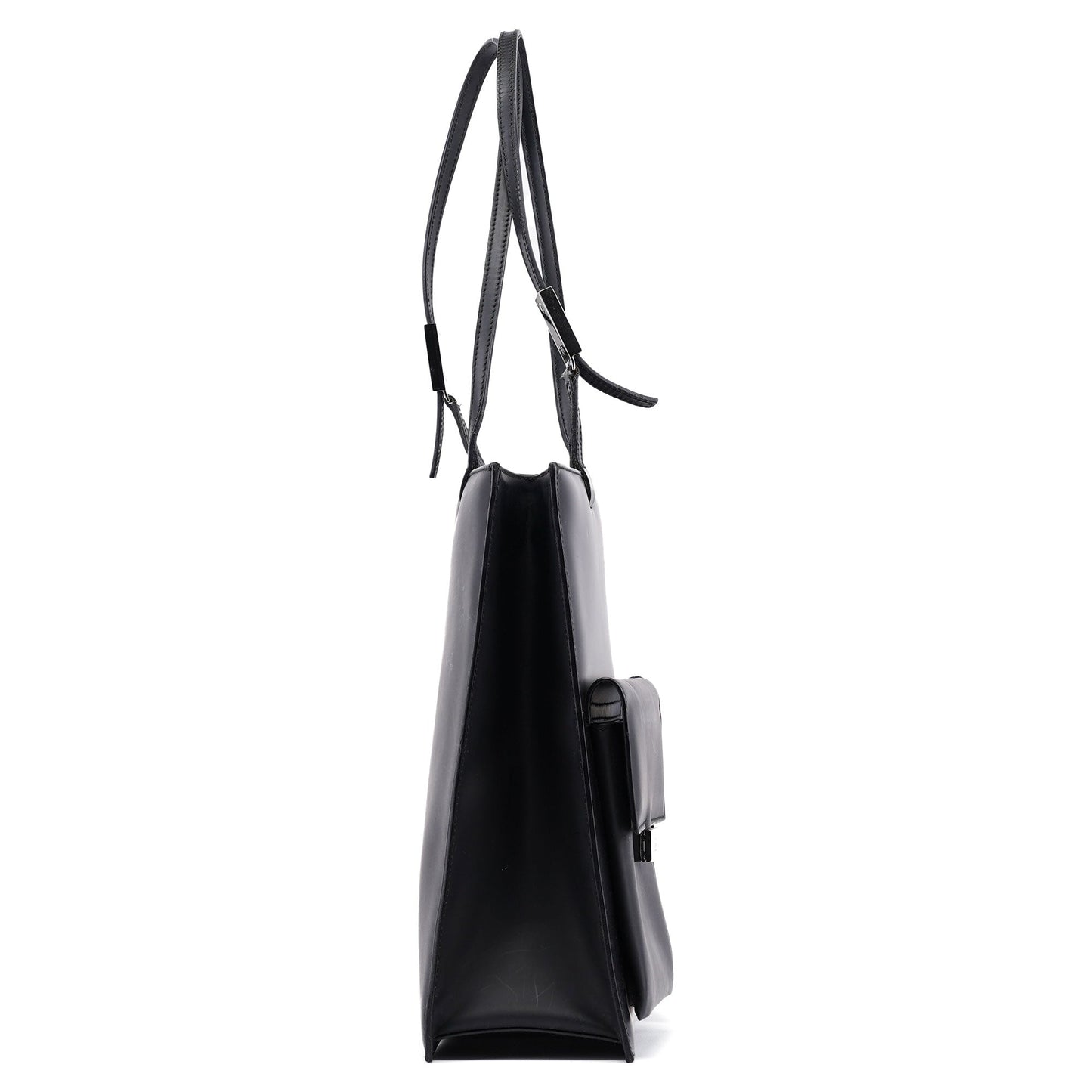 002 1021 Matte Black Leather Dual Pocket Tote Bag