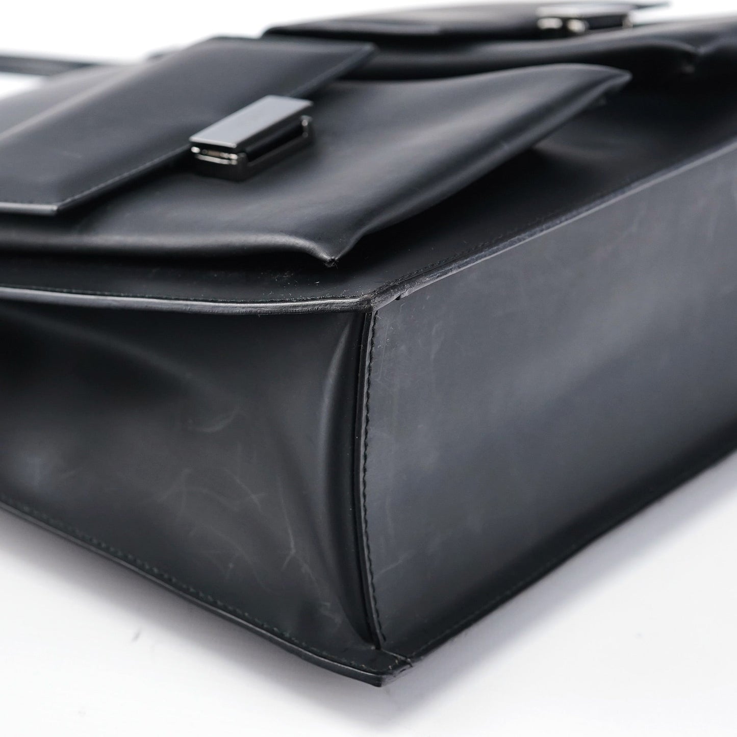 002 1021 Matte Black Leather Dual Pocket Tote Bag