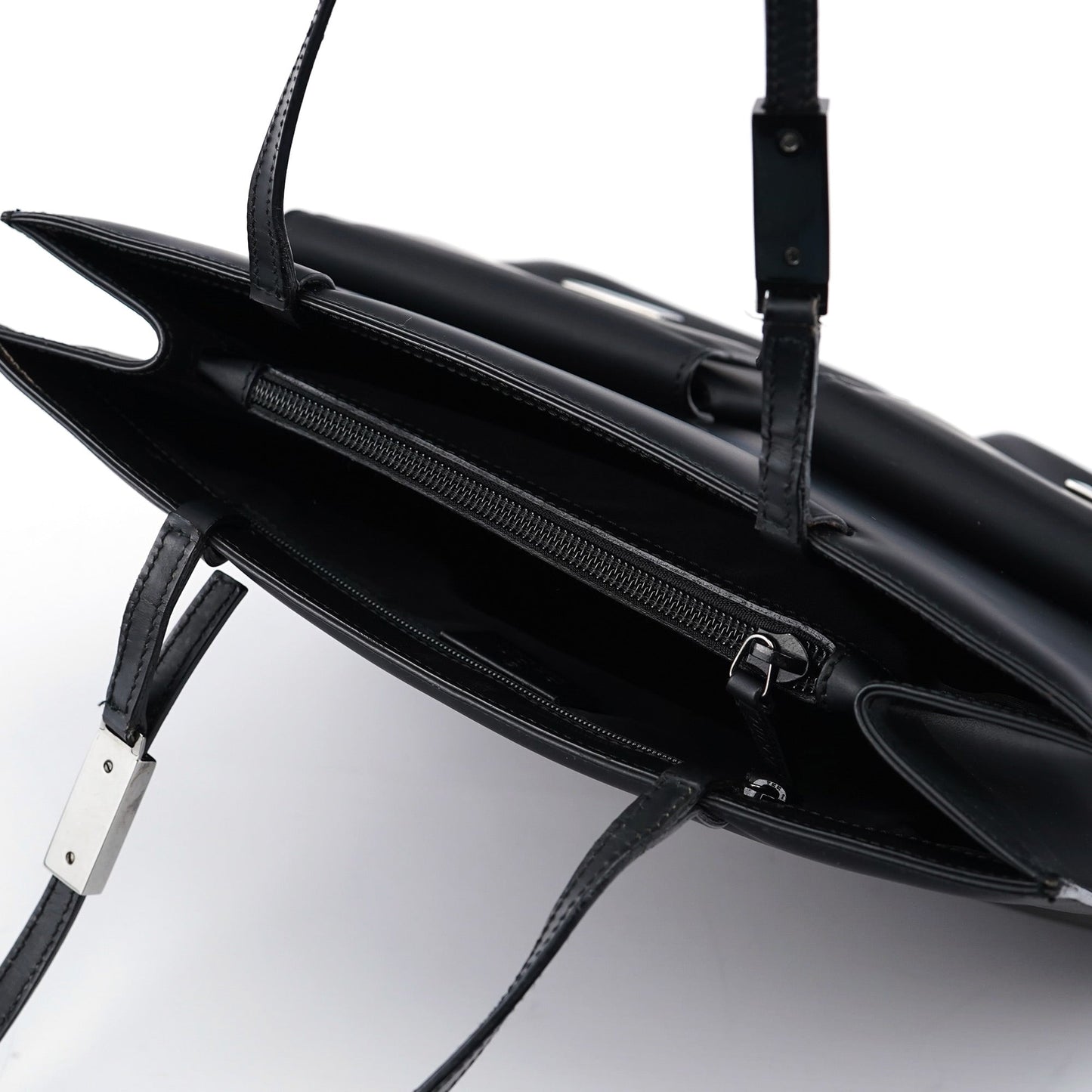 002 1021 Matte Black Leather Dual Pocket Tote Bag