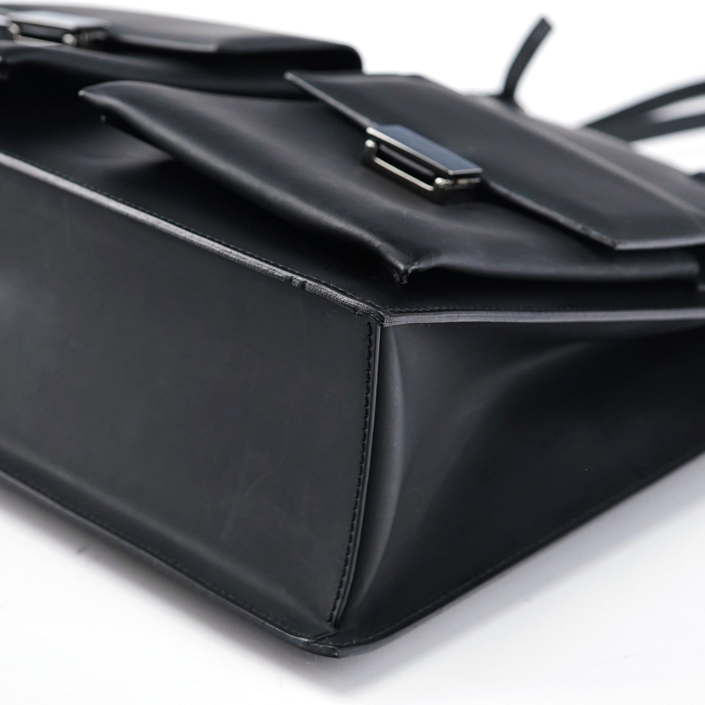 002 1021 Matte Black Leather Dual Pocket Tote Bag