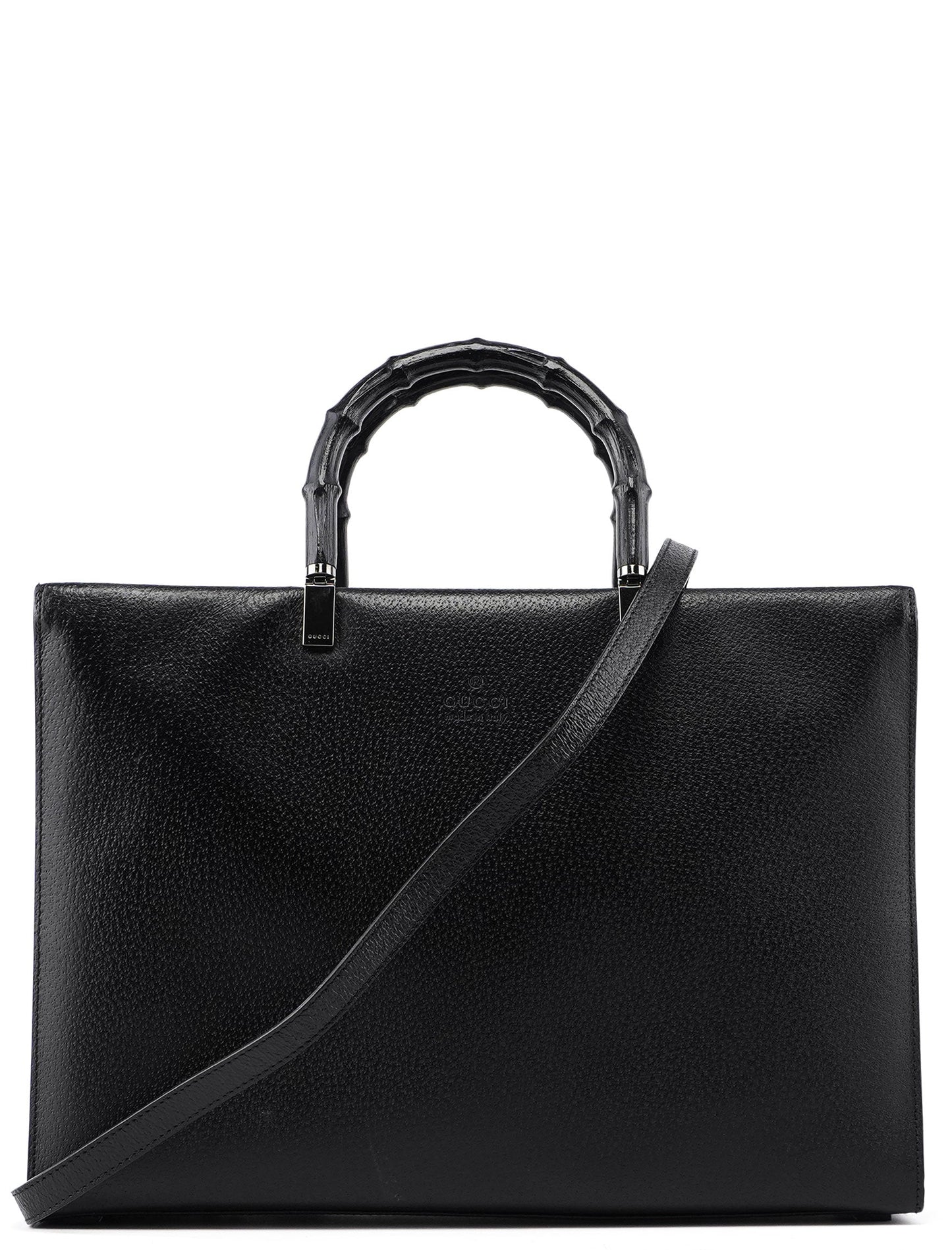 002 1034 Black Leather Bamboo 2-Way Tote Bag