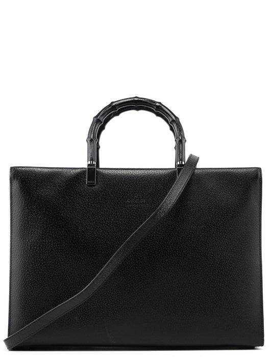 002 1034 Black Leather Bamboo 2-Way Tote Bag