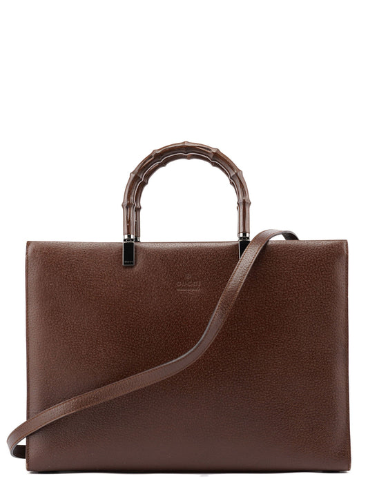 002 1034 Brown Leather Bamboo 2-Way Tote Bag