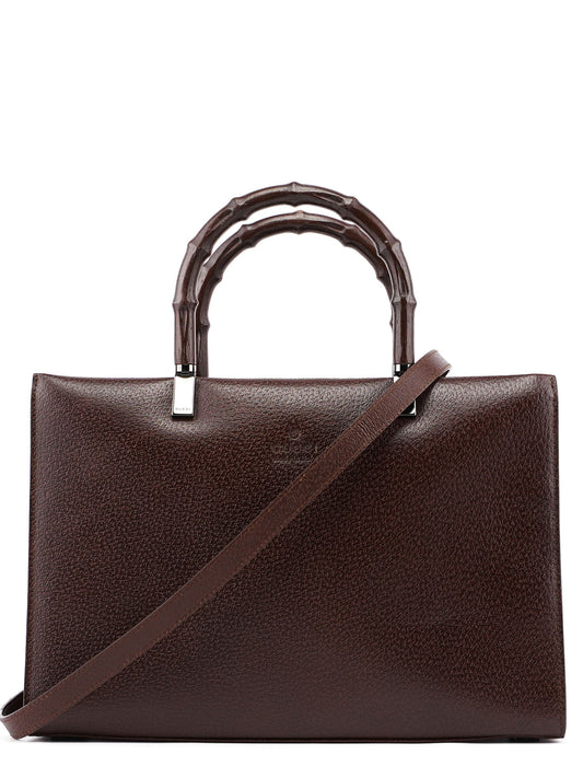 002 1035 Brown Leather Bamboo 2-Way Tote