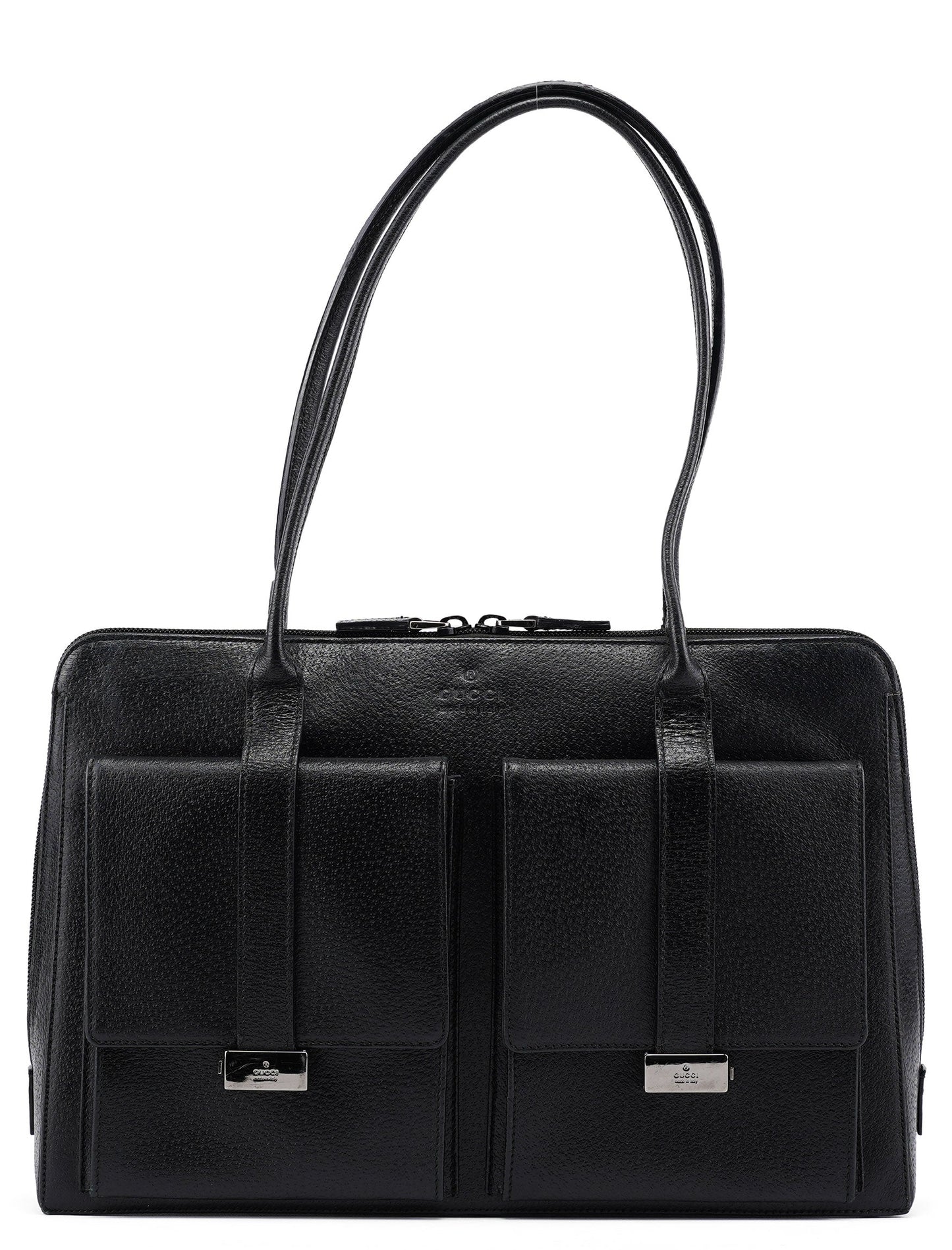 002 1045 Black Leather Dual Pocket Tote