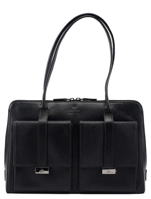 002 1045 Black Leather Dual Pocket Tote