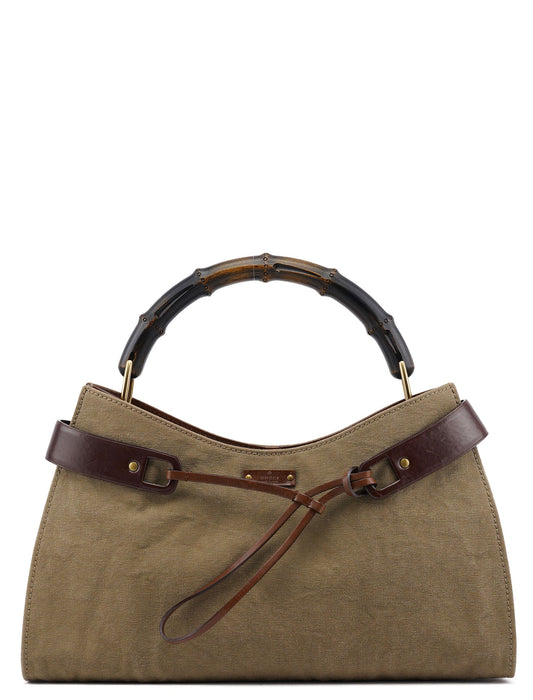 109136 Khaki Canvas Bamboo Top Handle Bag