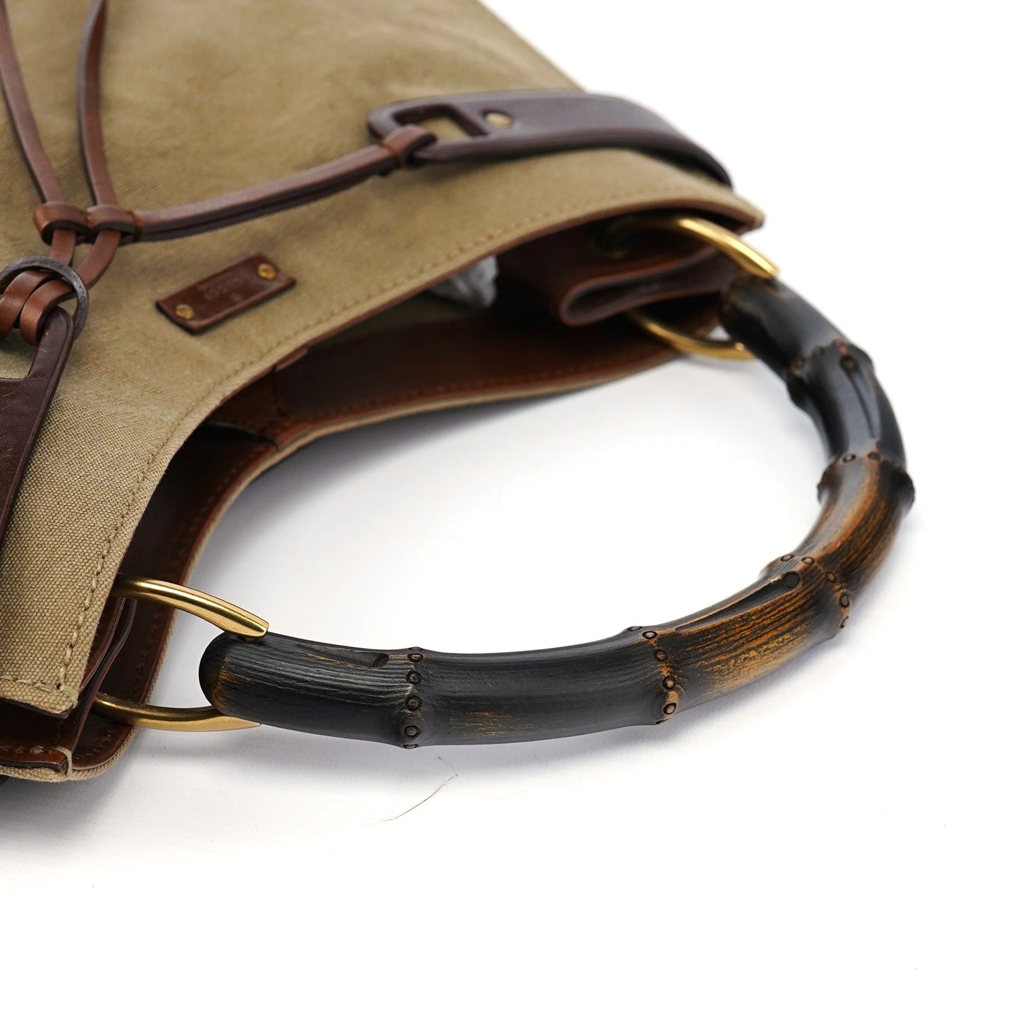 109136 Khaki Canvas Bamboo Top Handle Bag