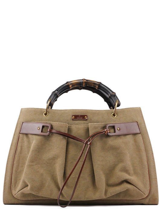 109138 Beige Canvas Bamboo Dual Handle Bag