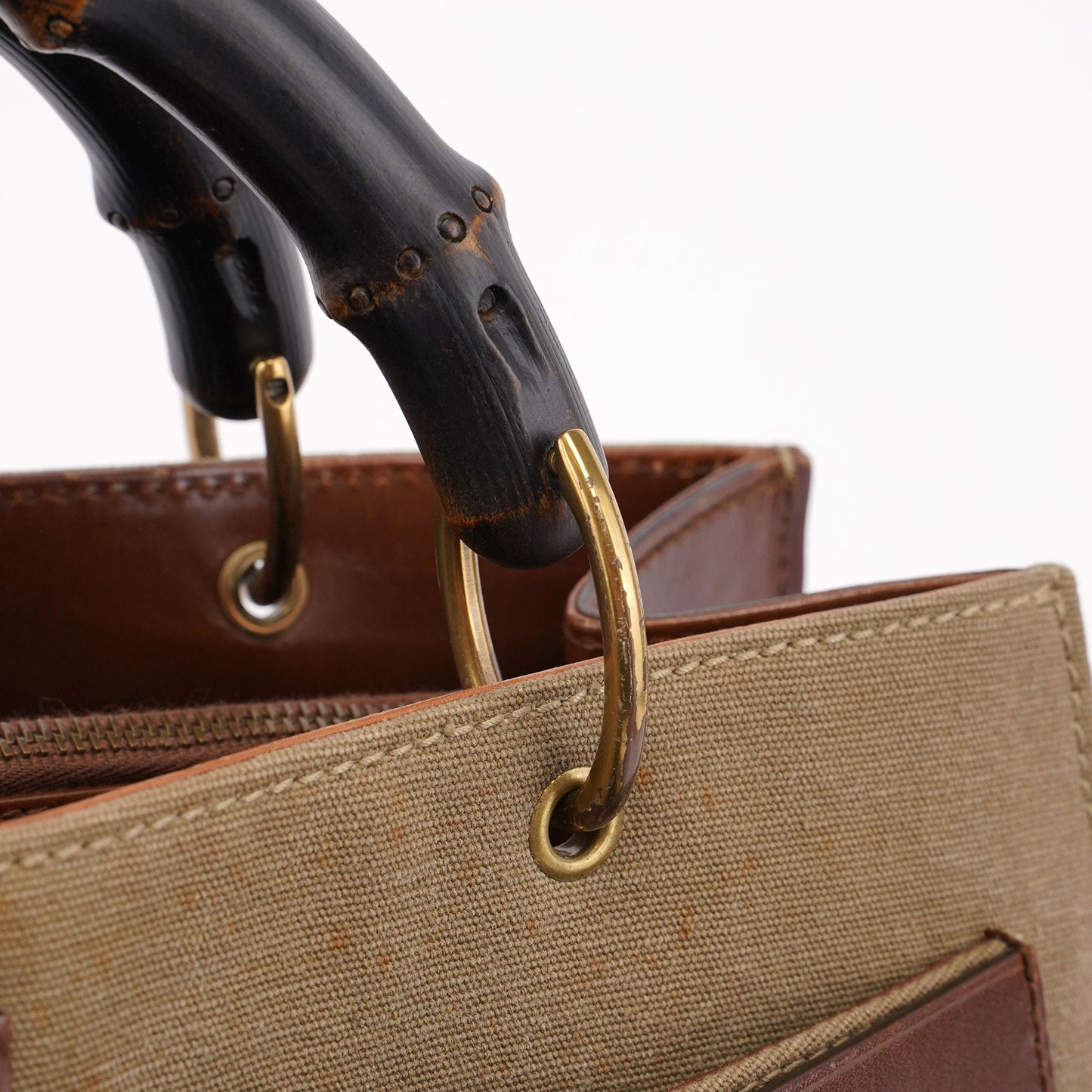 109138 Beige Canvas Bamboo Dual Handle Bag