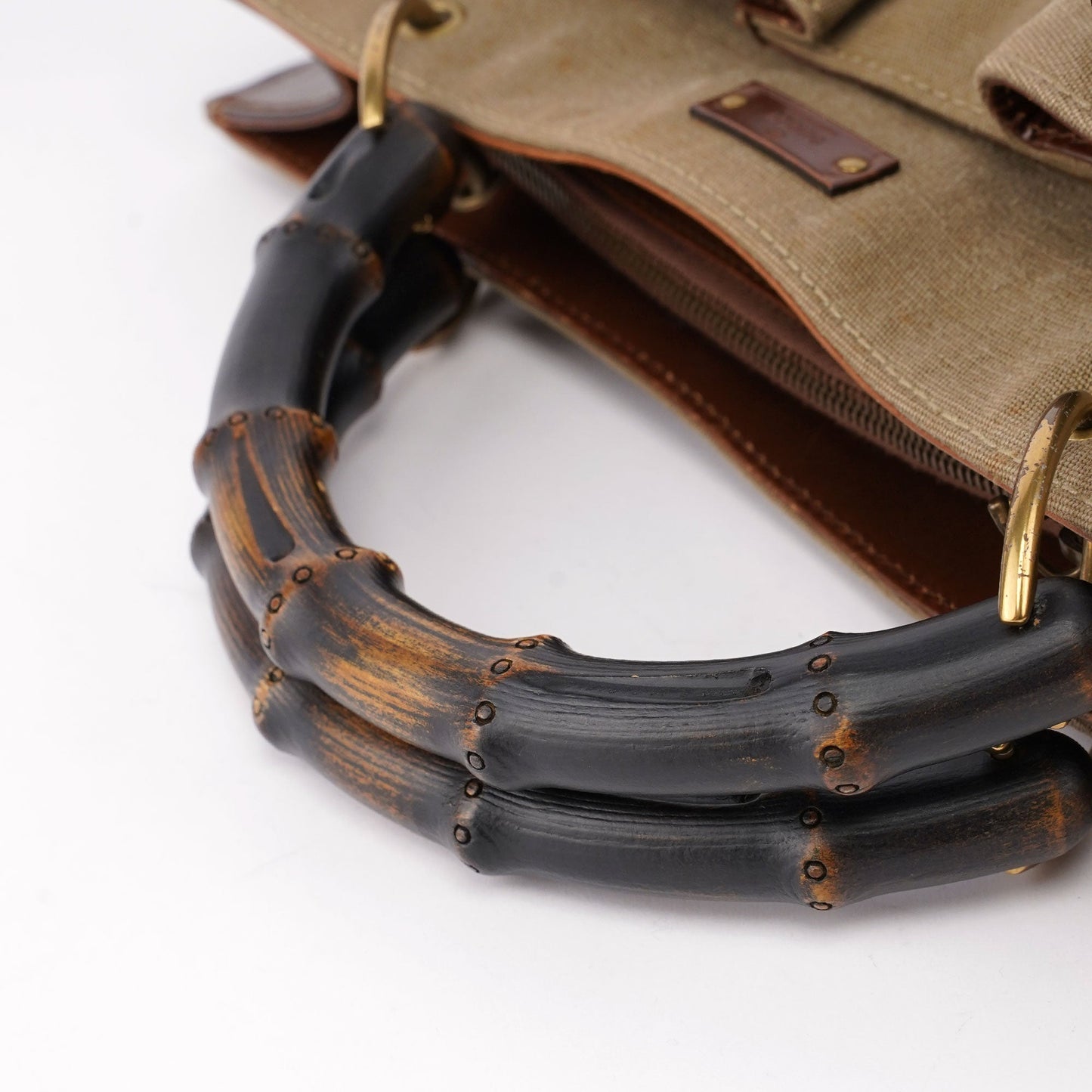 109138 Beige Canvas Bamboo Dual Handle Bag