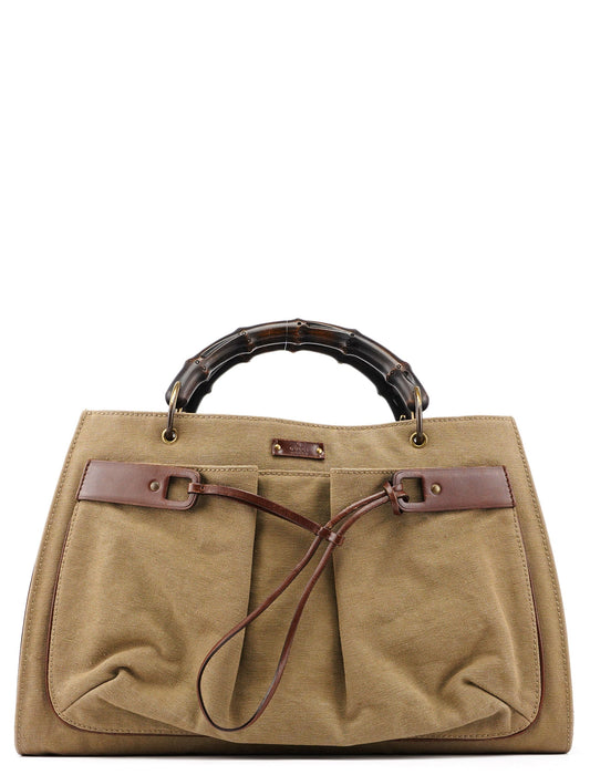 109138 Beige Canvas Bamboo Dual Handle Bag
