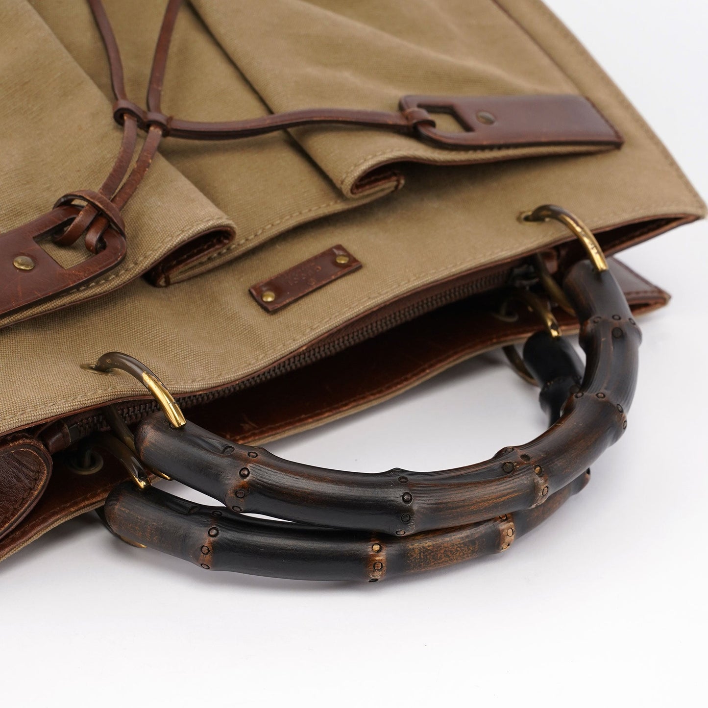 109138 Beige Canvas Bamboo Dual Handle Bag