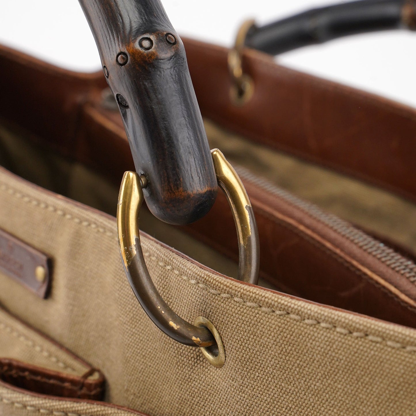 109138 Beige Canvas Bamboo Dual Handle Bag