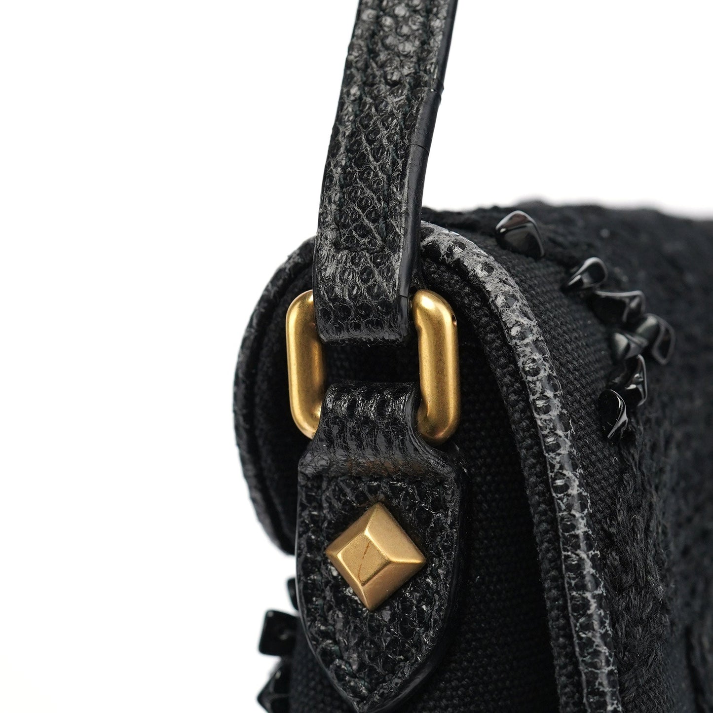 123247 Black Canvas Lizard Bamboo Shoulder Bag