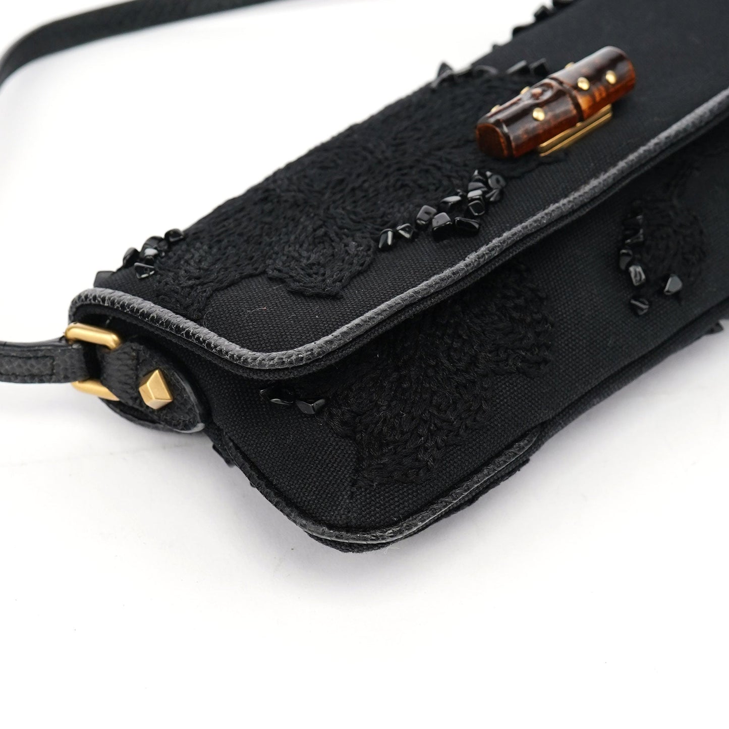 123247 Black Canvas Lizard Bamboo Shoulder Bag