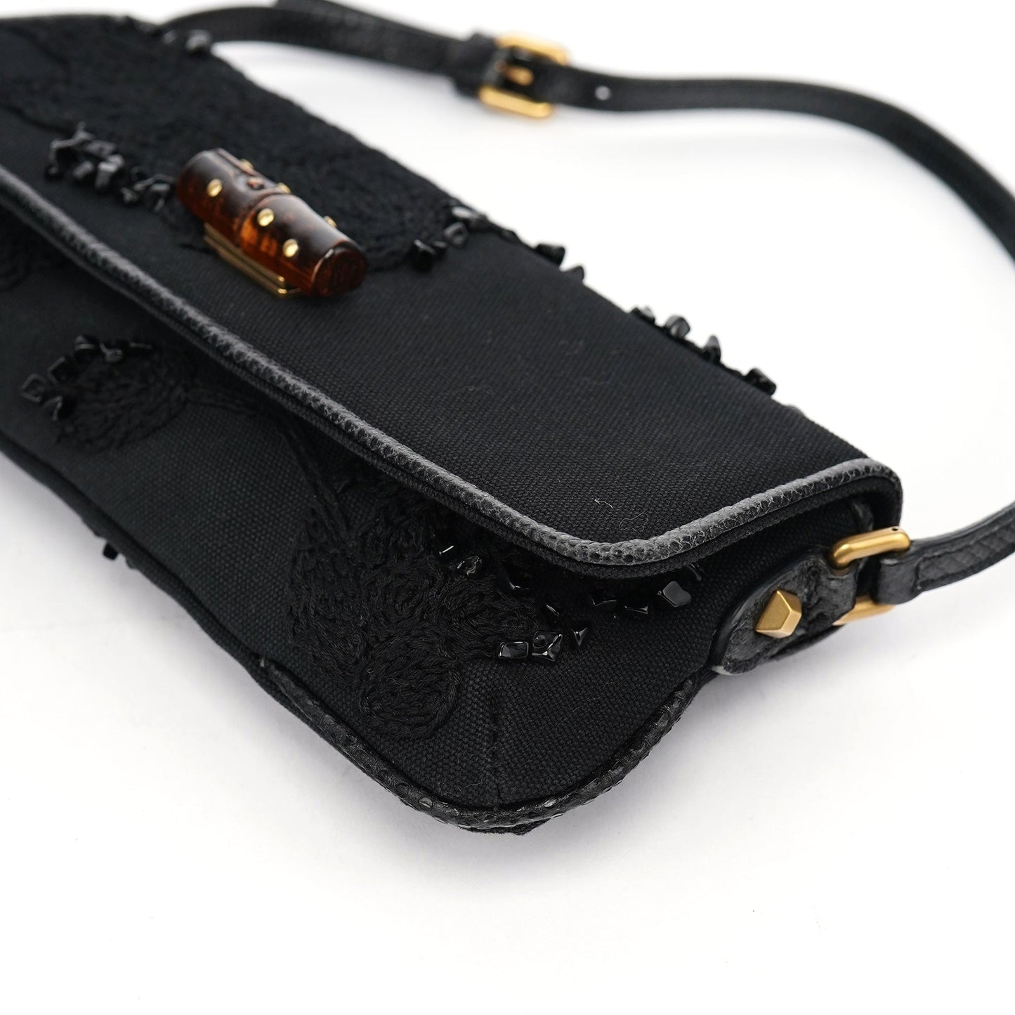 123247 Black Canvas Lizard Bamboo Shoulder Bag