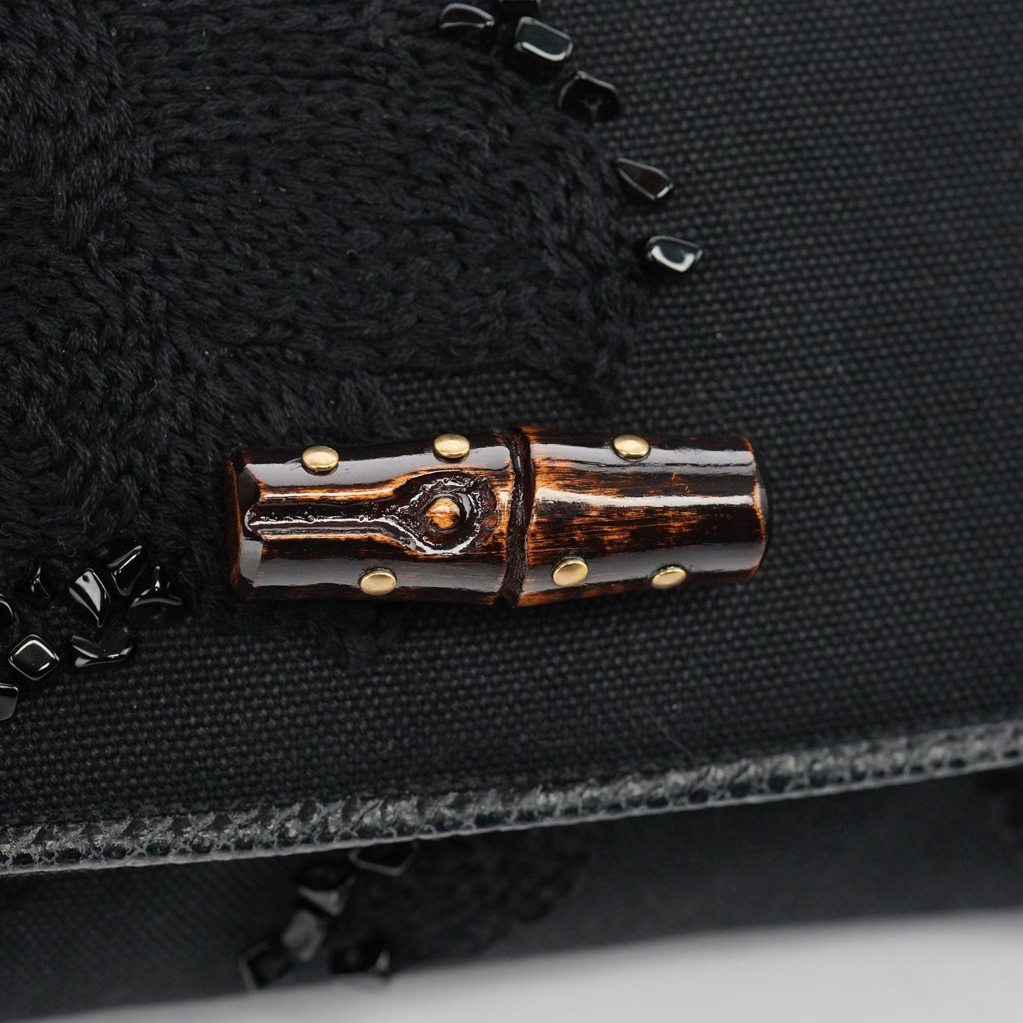 123247 Black Canvas Lizard Bamboo Shoulder Bag