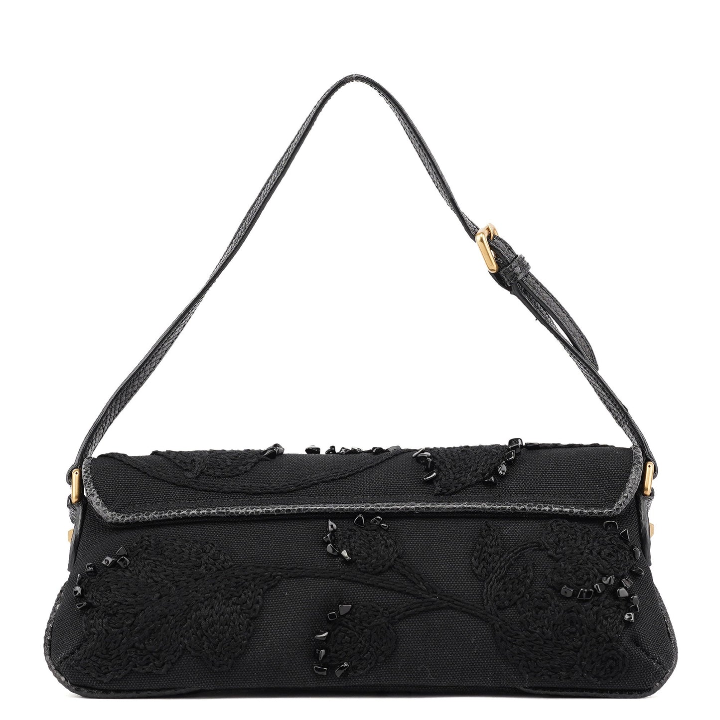123247 Black Canvas Lizard Bamboo Shoulder Bag