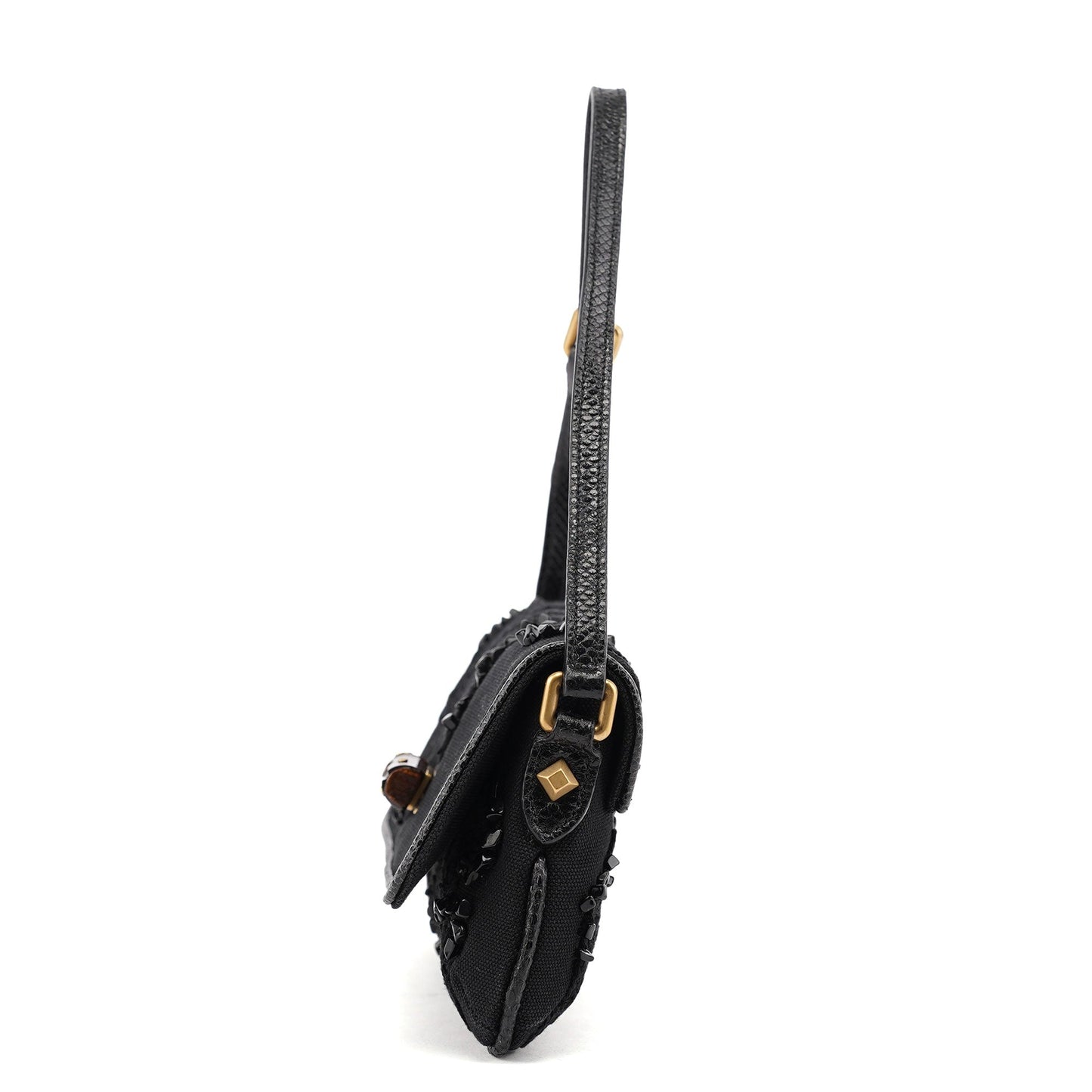 123247 Black Canvas Lizard Bamboo Shoulder Bag