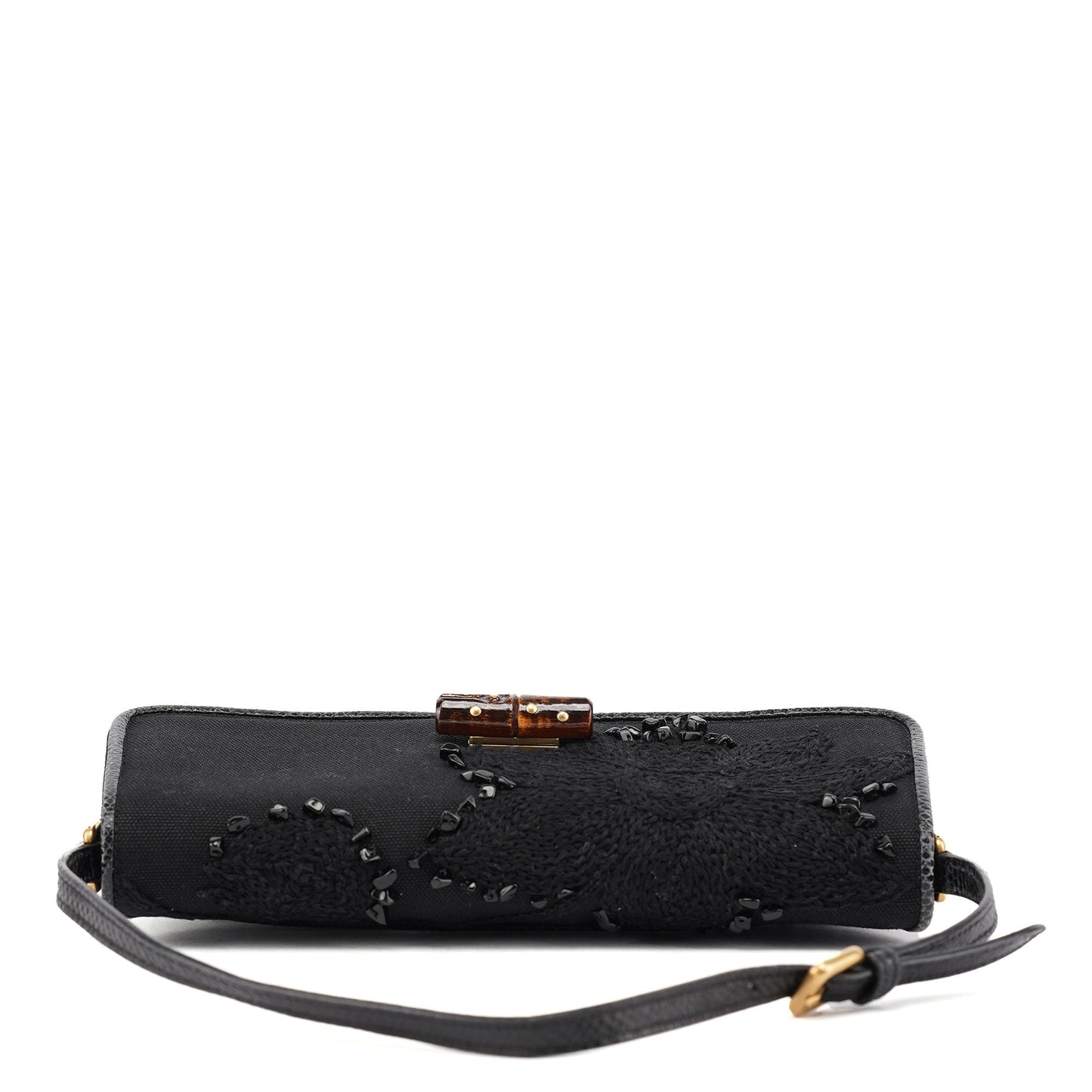 123247 Black Canvas Lizard Bamboo Shoulder Bag