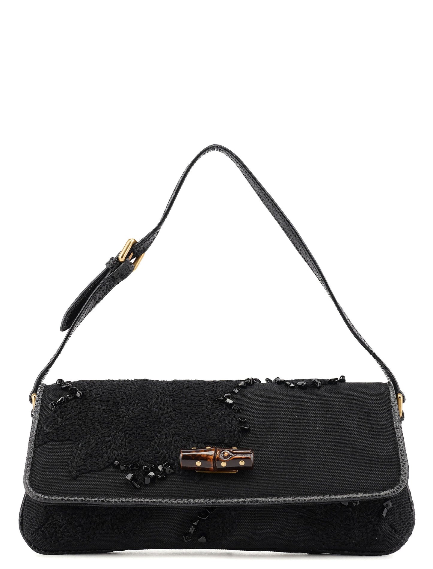 123247 Black Canvas Lizard Bamboo Shoulder Bag
